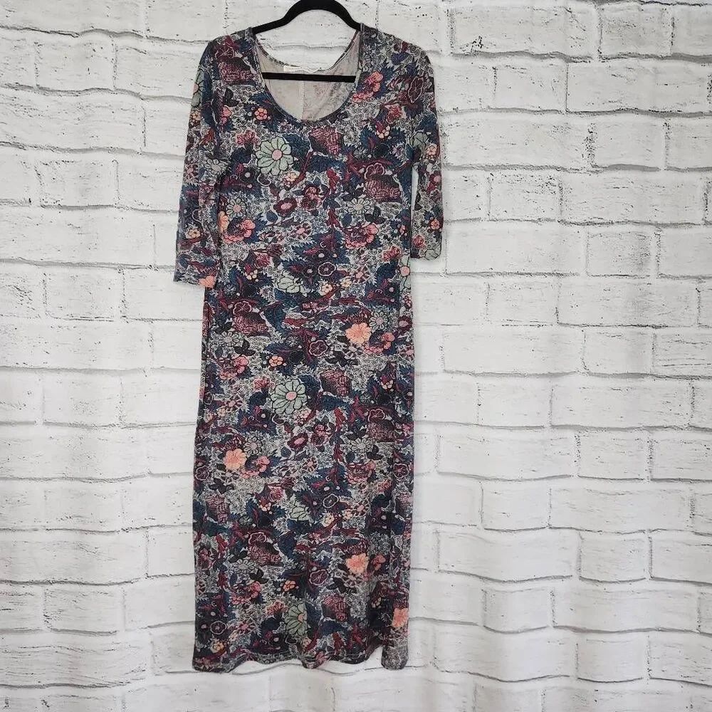 Peruvian Connection Womens Blue Capestrano Floral Bird Jersey Midi Dress Large